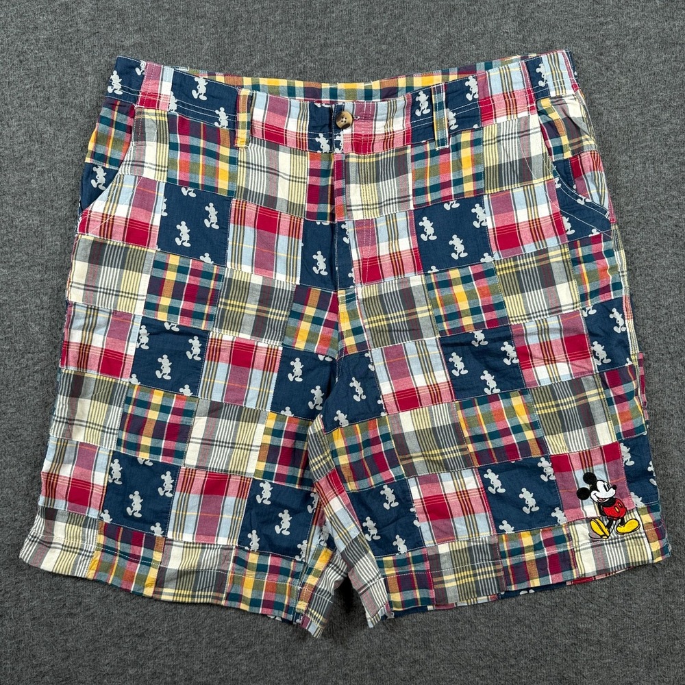 Disney Parks Shorts Mens 40 Multi Plaid 9 Mickey Mouse Madras Patchwork Cotton